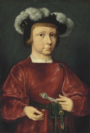 Portrait of a young nobleman small half-length in a crimson doublet wearing a plumed beret holding a daisy - Joos van Cleve