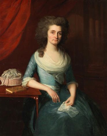 Portrait of a lady traditionally identified as Elizabeth wife of Bishop Andrew Downe three-quarter-length seated in a blue dress - Lemuel Francis Abbott