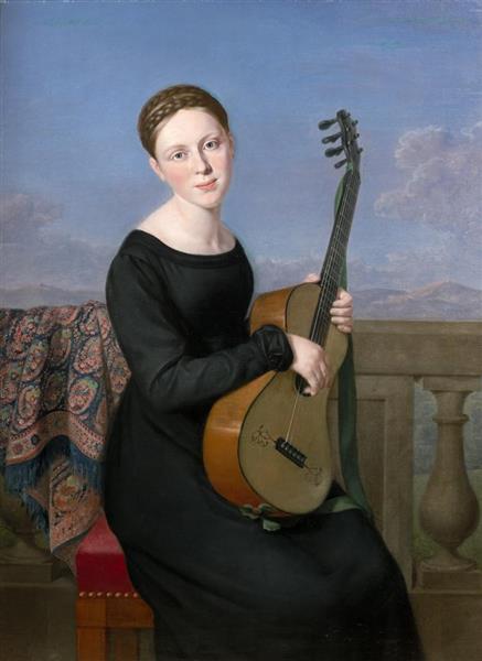 Jeune femme à la robe noire, jouant de la guitare - Adèle Romany