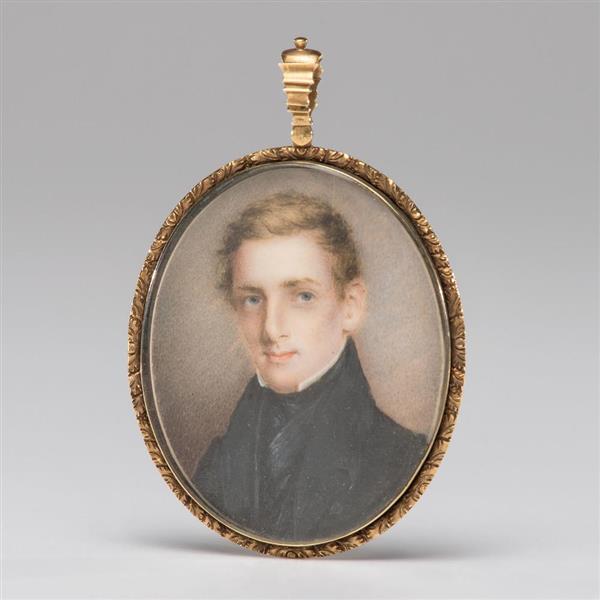 A portrait miniature of a young man on ivory, housed in a gold case with a lock of hair to verso - Anna Claypoole Peale