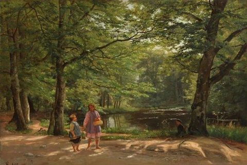 Children at a forest lake on a summer day - August Schiøtt