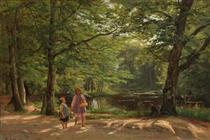 Children at a forest lake on a summer day - August Schiøtt