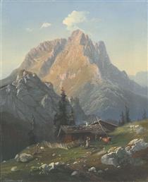 Chiemgauer Alpenlandschaft mit Almhütte. Blick auf den Hochstaufen - Carl Millner
