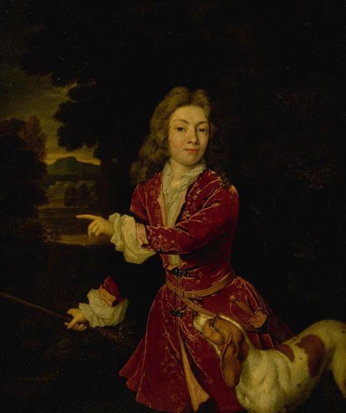 Portrait of a young hunter in a landscape with his dog - Constantijn Netscher