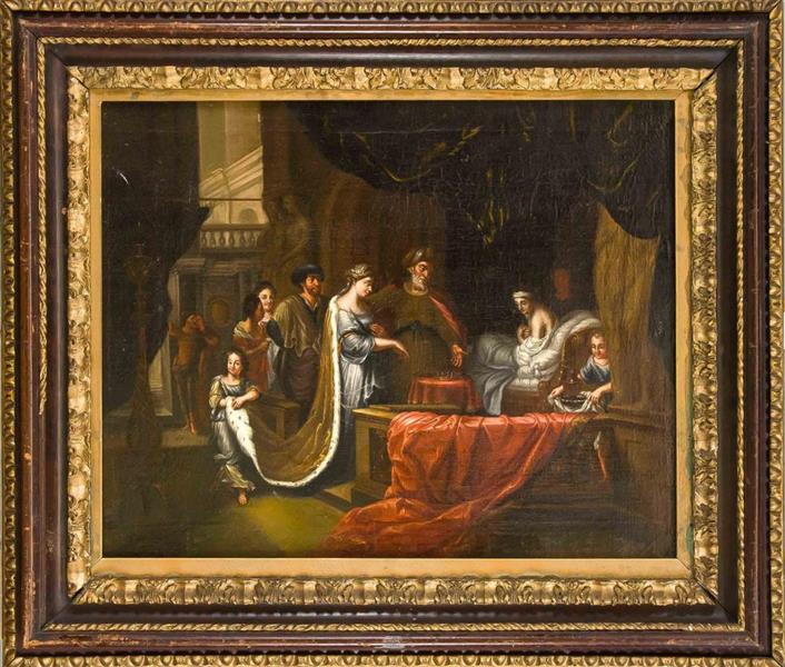 All-testament scene in lushly draped interior with view of architecture - Constantijn Netscher