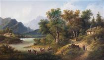 Alpine landscape with cowherds near the water - Eduard Boehm