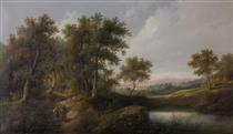 Travellers in a wooded landscape near a river - Eduard Boehm