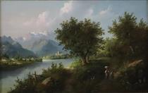 Alpine Landschaft mit Staffagefiguren und Dorf im linken Hintergrund - Eduard Boehm