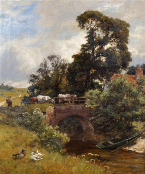 A Tranquil River Landscape, with Ducks in the foreground, and Cattle and Drover by a Stone Bridge - Edward Arthur Walton