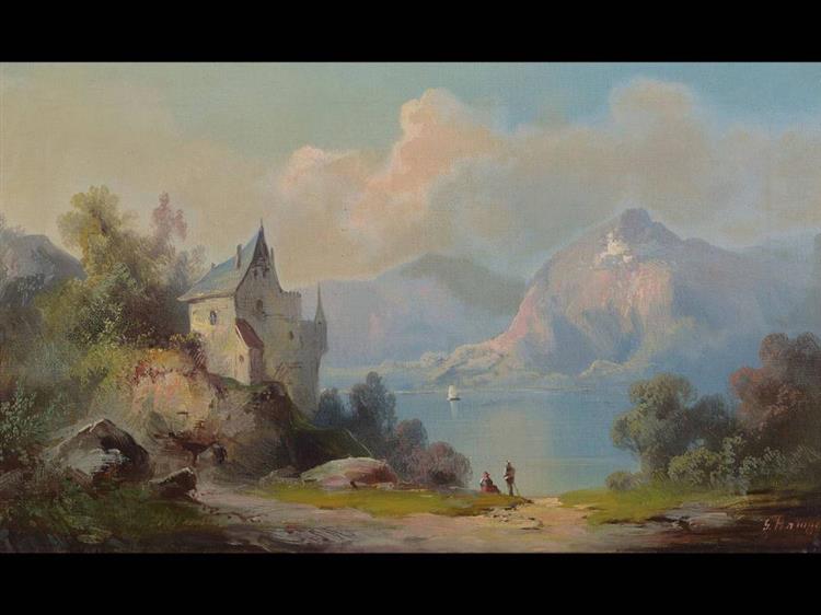 Romantic landscape with ruins on the lake shore in the mountains - Guido Hampe