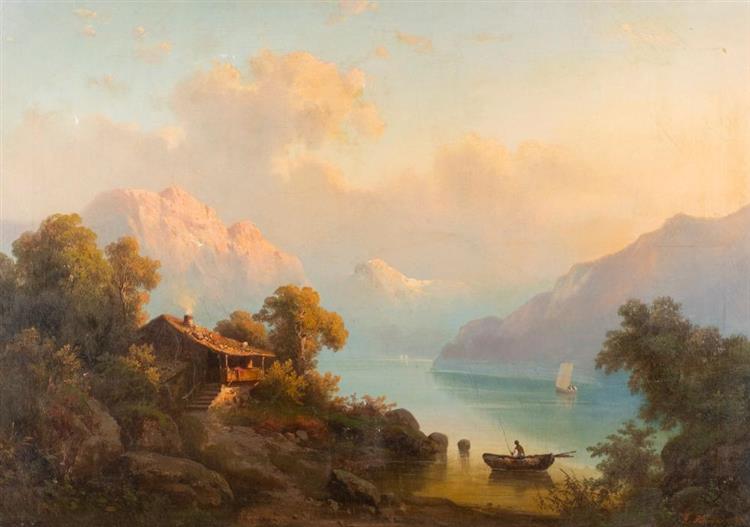 Mountainous landscape with lake and farmhouse - Guido Hampe