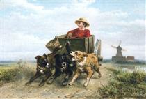 Boy in a dog cart on a heath path - Henriëtte Ronner-Knip