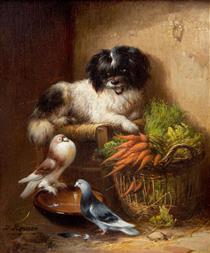 A dog and two pigeons near the vegetable basket - Henriëtte Ronner-Knip