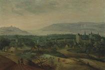 A wooded landscape with farmers and their livestock before a church and a fortified town, a lake in the distance - Jacob Grimmer