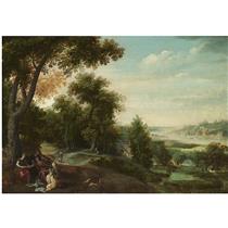 An extensive landscape with a mythological scene - Jacob Grimmer