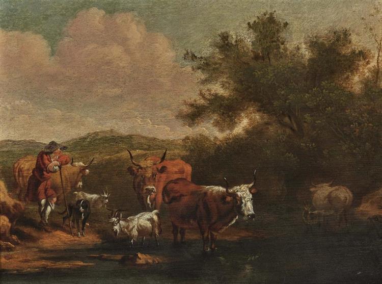 Shepherd with cattle by the water - Johann Heinrich Roos