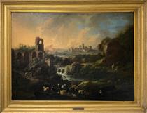 Landscape with ruins, waterfalls and flock - Johann Heinrich Roos
