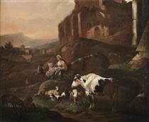 A shepherdess with a child resting in a rocky landscape with her flock - Johann Heinrich Roos