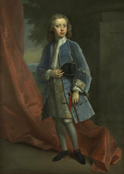 Portrait of a boy, a member of the Gough family, full-length, in a blue coat, standing before a red curtain - Jonathan Richardson