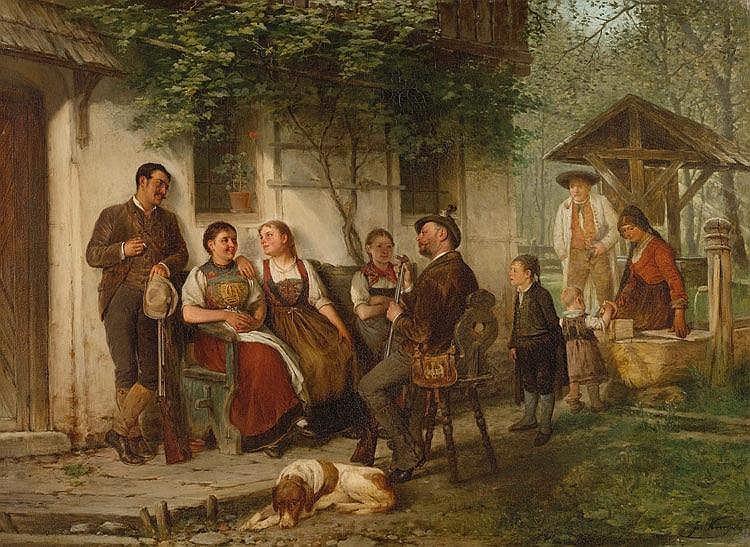 Familie vor dem Haus - Josef Kinzel