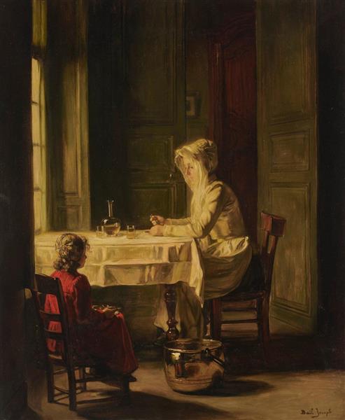Femme et enfant à table - Joseph Bail