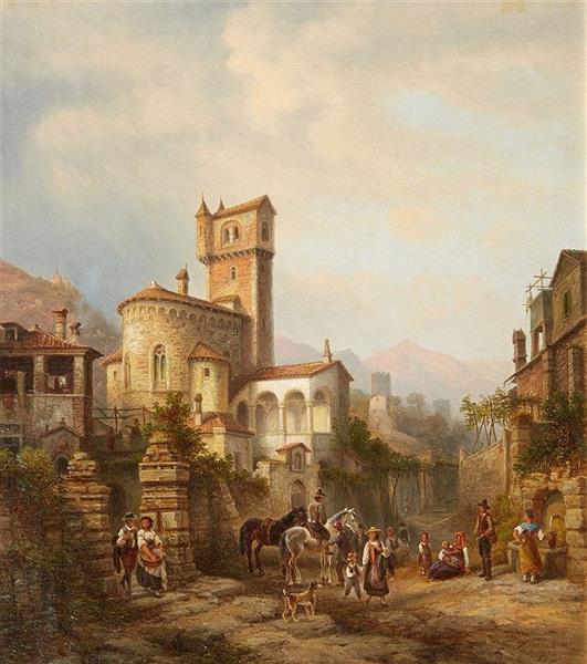 View of a Small Town with a Romanic Church - Karl Heinrich Jaeckel