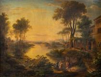 Italian river landscape at evening light, in the foreground arrival of a bark at a villa - Karl Heinrich Jaeckel