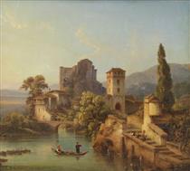 A lakeside castle in a mountainous landscape with figures in the foreground - Karl Heinrich Jaeckel