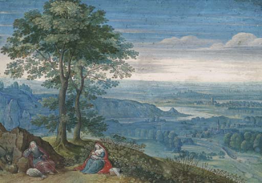 An extensive landscape with the Rest on the Flight into Egypt - Lucas van Valckenborch