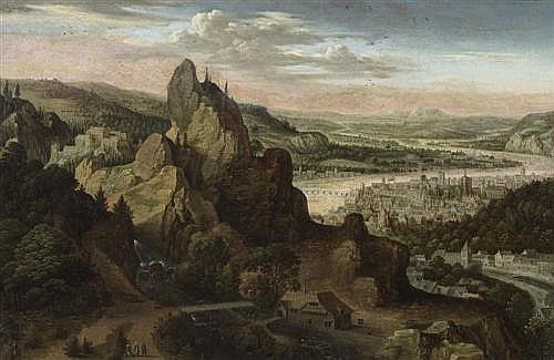 Mountainous landscape with a city view in the distance - Lucas van Valckenborch