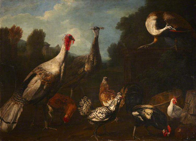 A Turkey, Peacocks and Chickens in a Landscape - Marmaduke Cradock