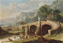 A wooded river landscape with fishermen and drovers with their cattle, a bridge and mountains beyond - Michael Wutky