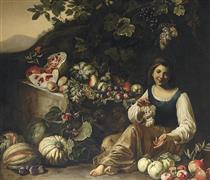 A girl holding a bunch of grapes, with a melon, squashes, plums and other fruit, in a landscape - Michelangelo Cerquozzi