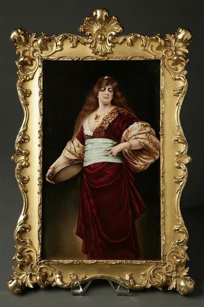 A gypsy with flowing hair in a crimson dress with blue sash holding a tambourine - Paul Thumann