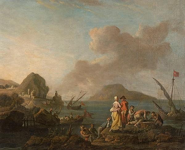 Harbour scene with boats and figures - Pierre-Jacques Volaire