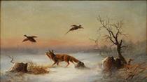 Winter landscape with a fox hunting pheasants - Thomas Birch