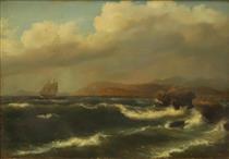 Coastal landscape with turbulent surf and masted ship in the distance - Thomas Birch