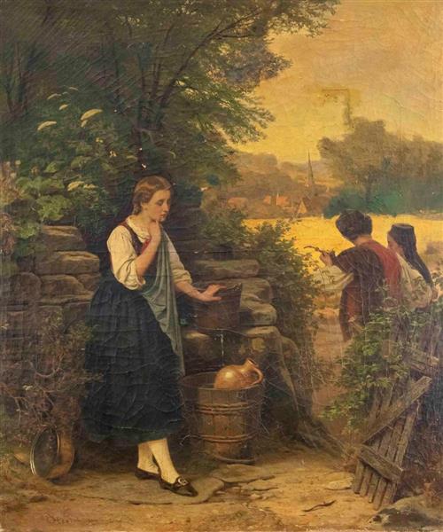 Young woman at the fountain listening to the conversation of a couple passing by - Carl Hertel