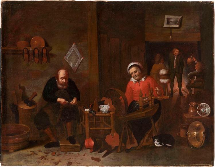 Workshop with Shoemaker and Woman at the Spinning Wheel - David Rijckaert III