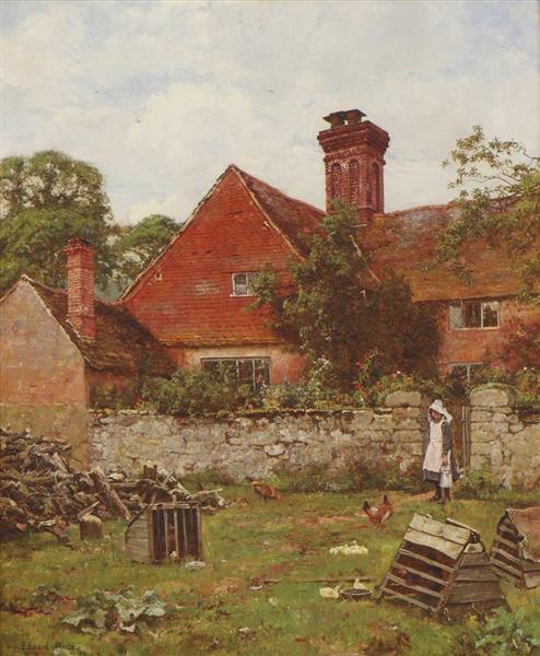 A girl by a garden gate, tending to her chickens and ducks - Edward Wilkins Waite