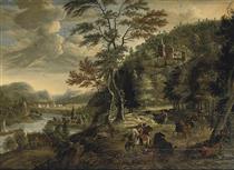 A mountainous river landscape with a cavalry skirmish - Gerrit Battem