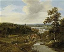 Wide riverscape with Farmers and Travellers - Gerrit Battem