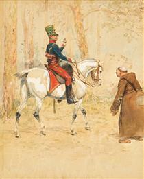 Un officier à cheval rencontrant un moine dans une forêt - Jean Baptiste Edouard Detaille