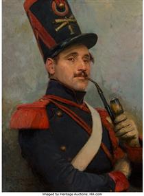 Self-portrait wearing French horse artillery enlisted men's uniform - Jean Baptiste Edouard Detaille