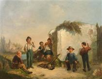a group of children playing with village buildings beyond - Jean-Charles Langlois