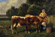 A Milkmaid standing with Cows and Chickens - Joseph Clark