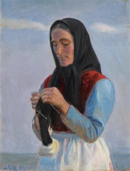 Strickende Frau am Strand - Michael Peter Ancher