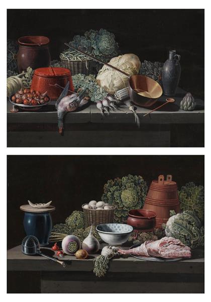 PAIR OF KITCHEN STILL LIVES WITH KITCHEN UTENSILS, VEGETABLES AND POULTRY - Peter Jacob Horemans