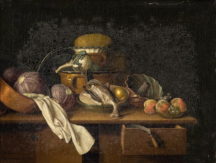 Kitchen still life with vegetables, fruits and poultry - Peter Jacob Horemans
