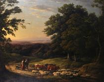 An Extensive Classical Landscape, with Figures with Cows and Sheep - Thomas Barker of Bath